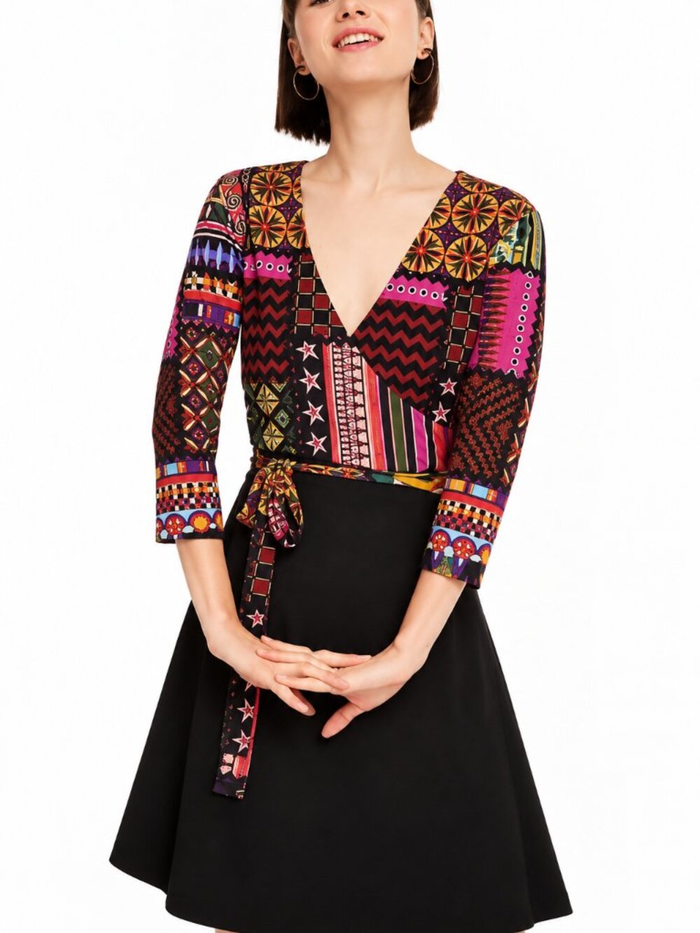 Desigual Multicolor Faux Wrap Dress XL Stretch NWOT